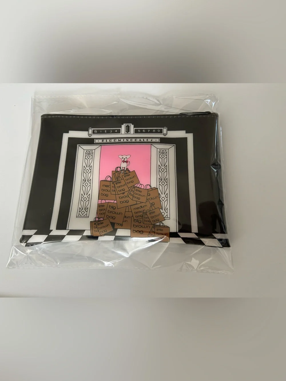 Bloomingdale's Black White Pink Dog Shopping Bags Cosmetic Pouch NWOT